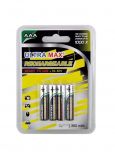 Ultramax Rechargeable AAA Size Battery, NIMH 350 mAh, 1.2v. 4 Batteries in a Pack.