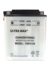 Ultramax 12N14-3A, 12v 14Ah Motorcycle Batteries. L(mm) W(mm) H(mm) 134 89 166