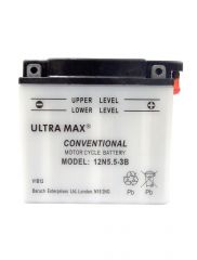 Ultramax 12N5.5-3B, 12v 5.5Ah Motorcycle Batteries. L(mm) W(mm) H(mm) 136 61 131