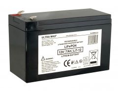 Ultramax LI7-12, 12v 7Ah Lithium Iron Phosphate LiFePO4 Battery - 7A Max. Charge & Discharge Current - Weight 0.9 Kg